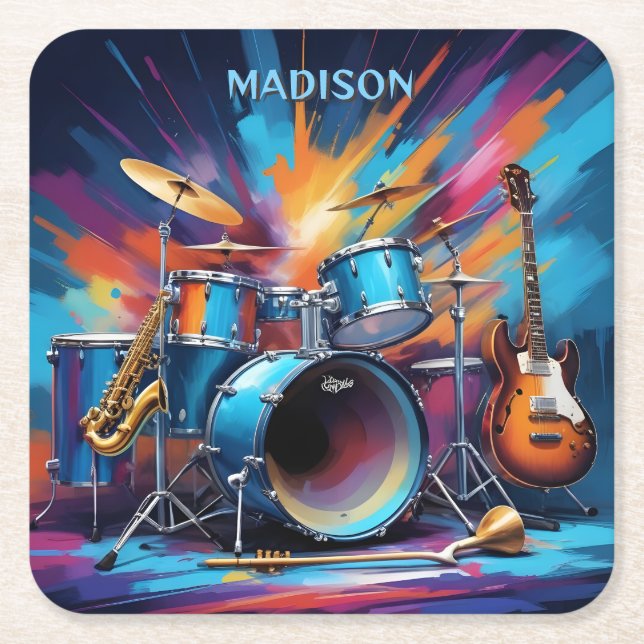 Custom Name Musical Instruments Square Paper Coaster (Front)