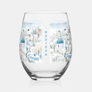 Custom Name Mykonos Greece Stemless Wine Glass