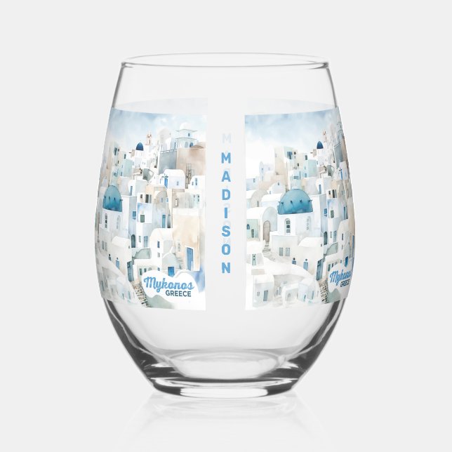 Custom Name Mykonos Greece Stemless Wine Glass (Front)