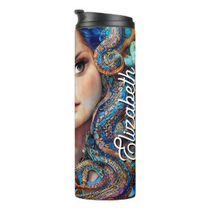 Custom Name Mystic Blue Octopus Fantasy Goddess Thermal Tumbler