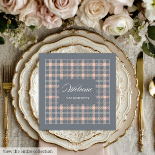 Custom Name Napkins Coral Grey Plaid Elegance