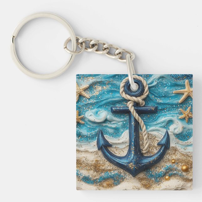 Custom Name Nautical Anchor Beach Key Ring (Front)