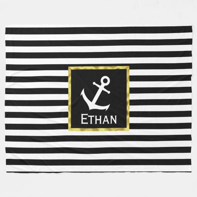 Custom Name Nautical Black and White Anchor Fleece Blanket (Front (Horizontal))