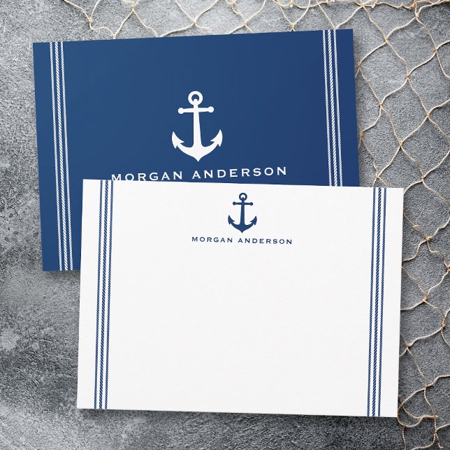 Custom Name Nautical Boat Anchor Rope Stripe Navy Card (Creator Uploaded)