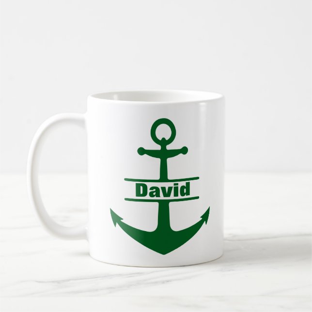 Custom Name Nautical Green Anchor Mug (Left)