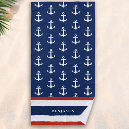 Custom Name Nautical Navy Blue White Anchor Beach Towel
