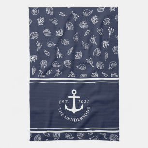 Custom Name Nautical Navy Blue White Anchor Tea Towel