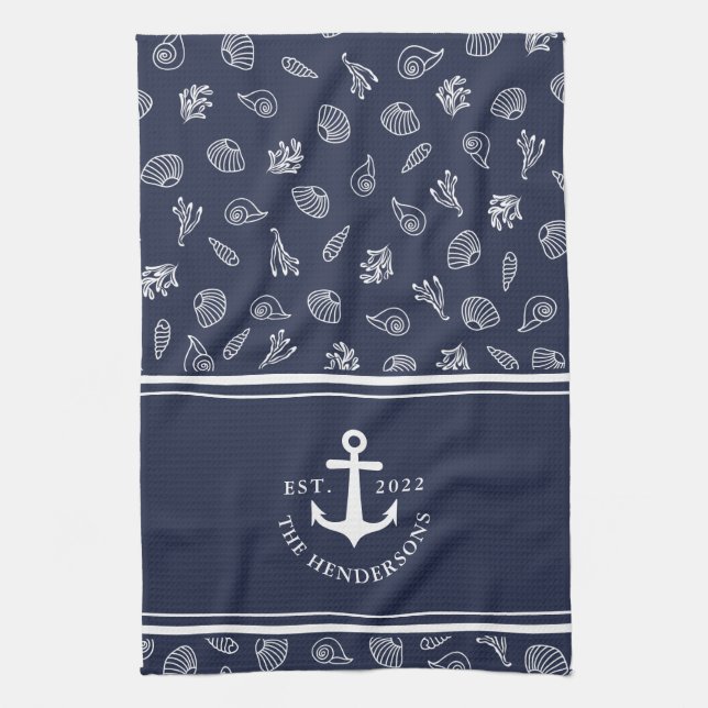 Custom Name Nautical Navy Blue White Anchor Tea Towel (Vertical)