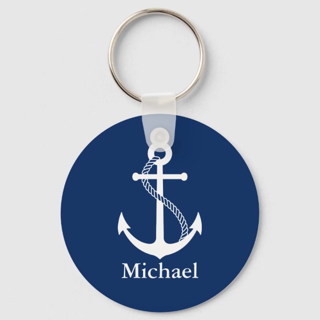 Custom Name Nautical Navy Blue with White Anchor Key Ring (Front)