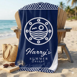 Custom Name Nautical Porthole Navy Blue Geometric  Beach Towel