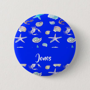 Custom name nautical print on blue 6 cm round badge