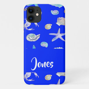Custom name nautical print on blue iPhone 11 case