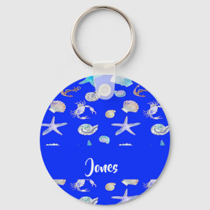 Custom name nautical print on blue key ring