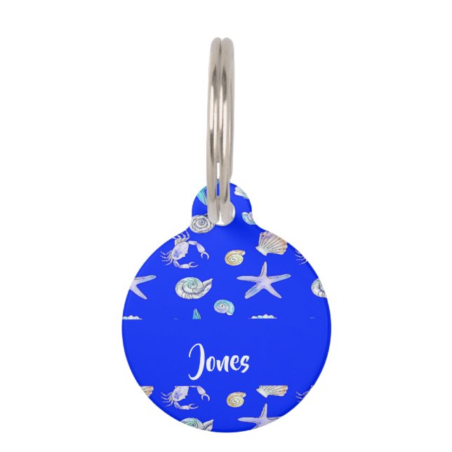 Custom name nautical print on blue pet tag (Front)