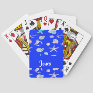 Custom name nautical print on blue playing cards