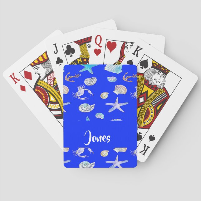 Custom name nautical print on blue playing cards (Back)