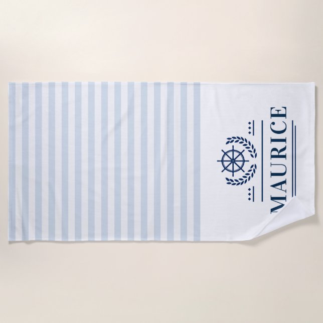 custom name nautical sea blue stripes beach towel (Front)