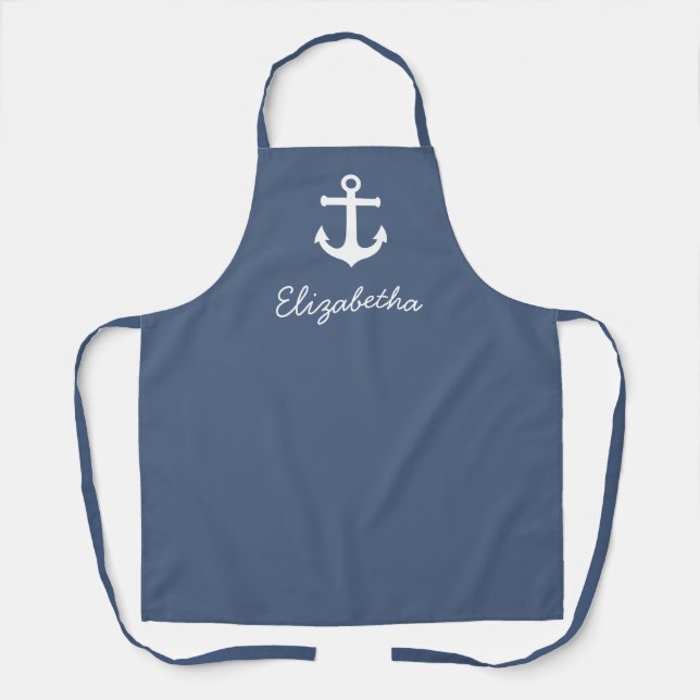 Custom name nautical white anchor    apron (Front)