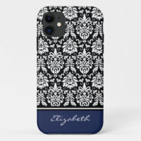 Custom Name Navy Black White Damask