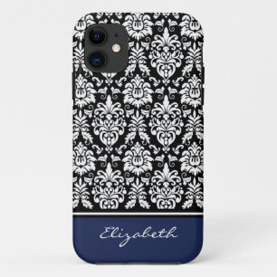 Custom Name Navy Black White Damask iPhone 11 Case