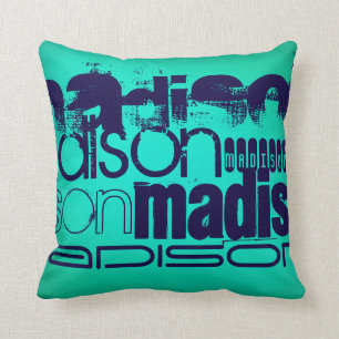 Custom Name; Navy Blue and Neon Aqua Turquoise Cushion