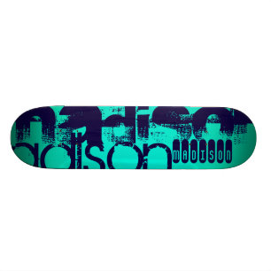 Custom Name; Navy Blue and  Neon Aqua Turquoise Skateboard