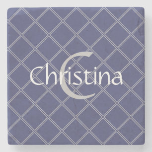 Custom Name Navy Blue and Silver Geometric Stone Coaster