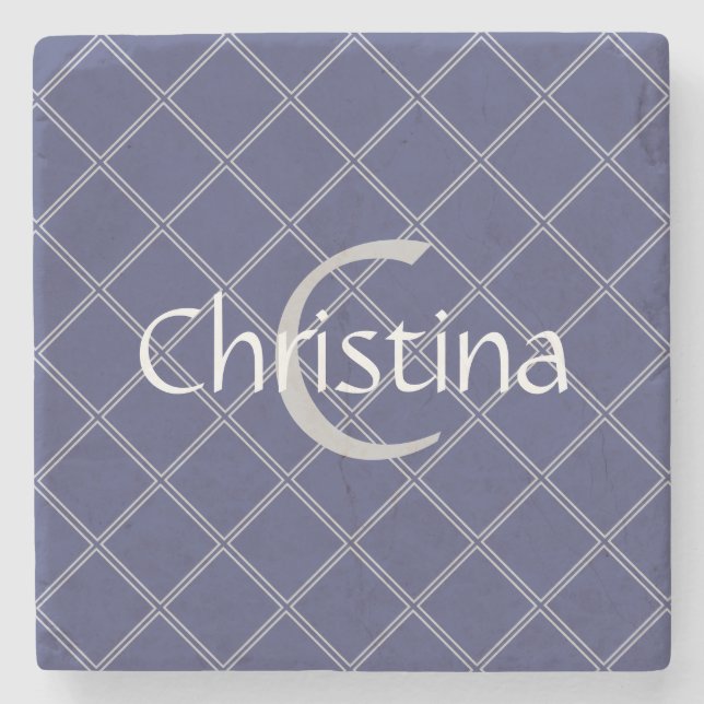 Custom Name Navy Blue and Silver Geometric Stone Coaster (Front)