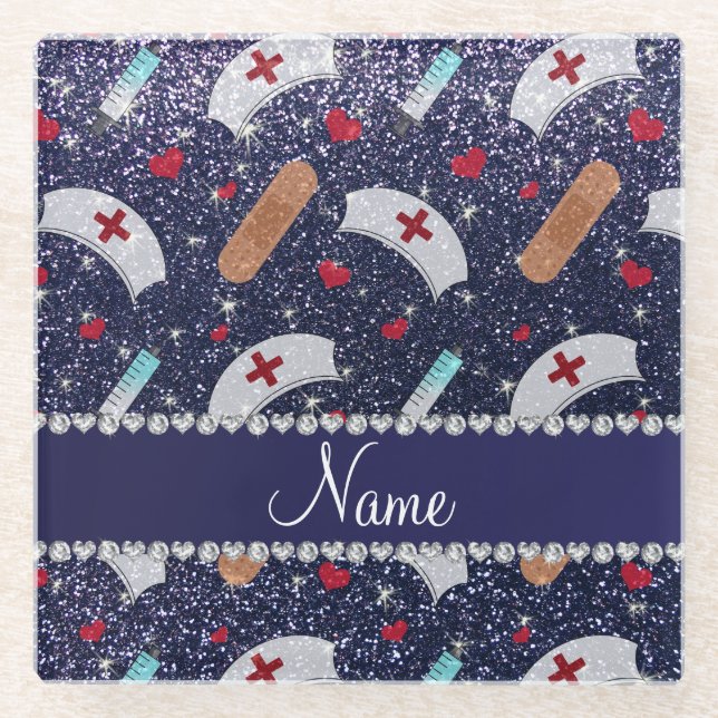 Custom name navy blue glitter nurse hats heart glass coaster (Front)