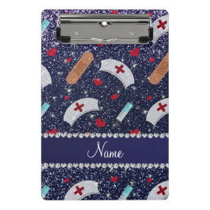 Custom name navy blue glitter nurse hats heart mini clipboard
