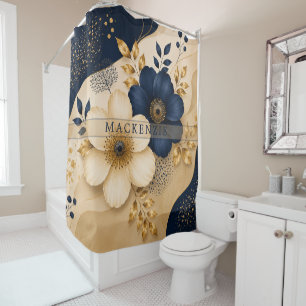 Custom Name Navy Blue & Gold Botanical Floral Shower Curtain