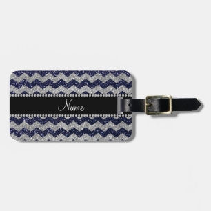 Custom name navy blue silver glitter chevrons luggage tag
