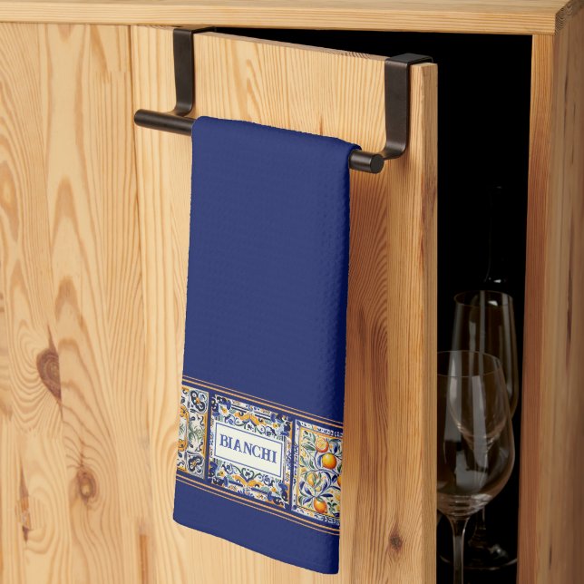 Custom Name Navy Blue & Yellow Mediterranean Tile Tea Towel (Thirds Fold)