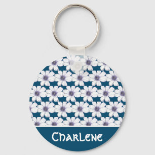 Custom Name Navy flower pattern Button Key Ring