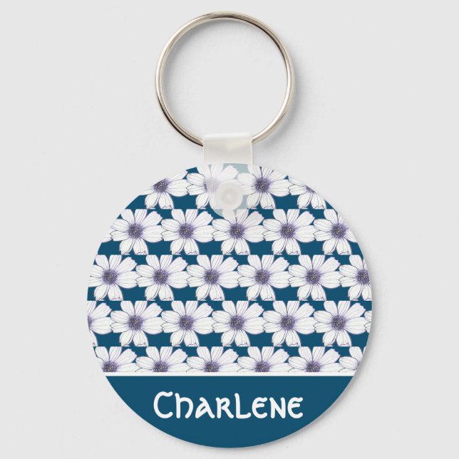 Custom Name Navy flower pattern Button Key Ring (Front)