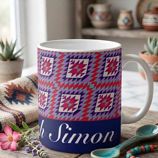 Custom Name Navy & Red Boho Modern Quilt Design Coffee Mug (Creator Uploaded)