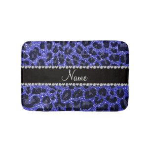 Custom name neon blue glitter leopard print bath mat