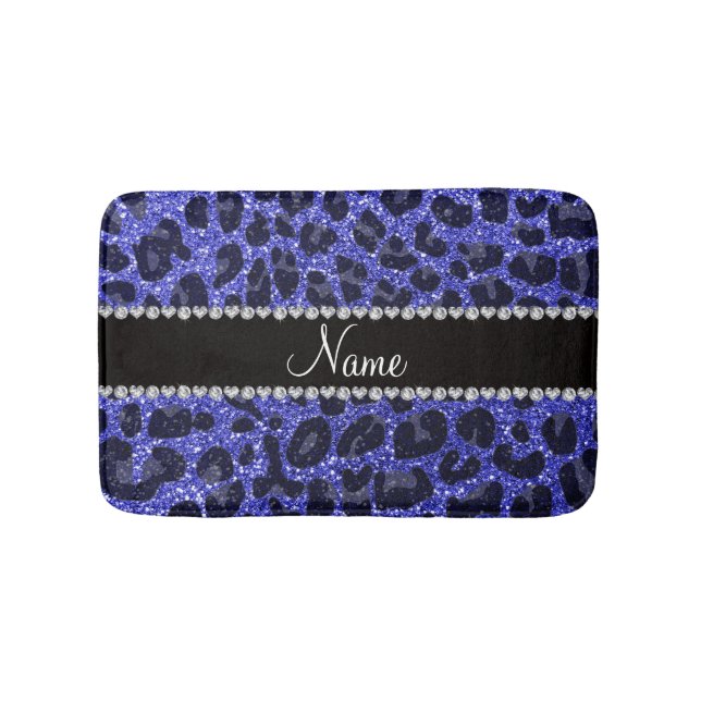 Custom name neon blue glitter leopard print bath mat (Front)