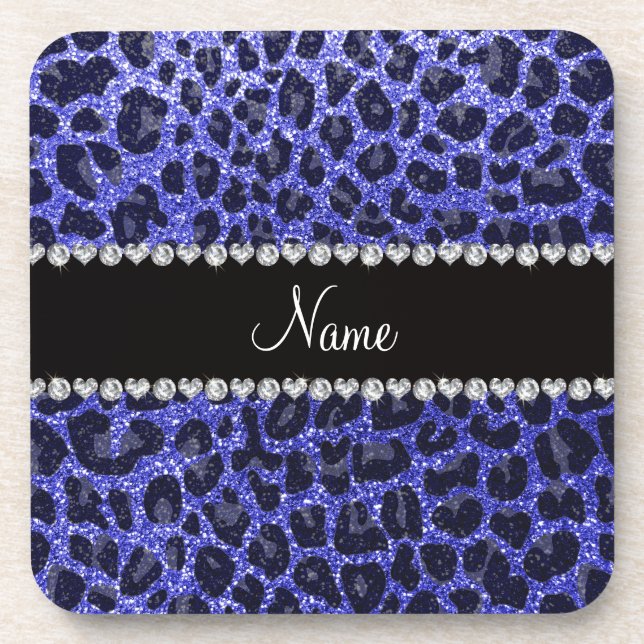 Custom name neon blue glitter leopard print coaster (Front)