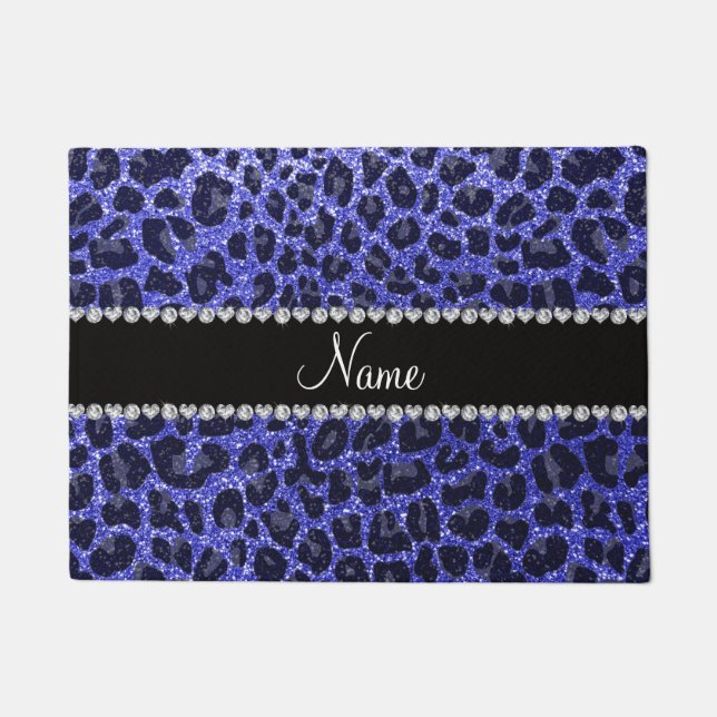 Custom name neon blue glitter leopard print doormat (Front)