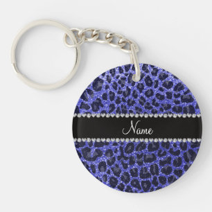 Custom name neon blue glitter leopard print key ring