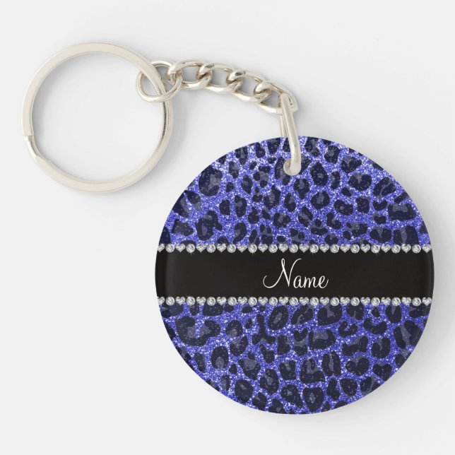 Custom name neon blue glitter leopard print key ring (Front)