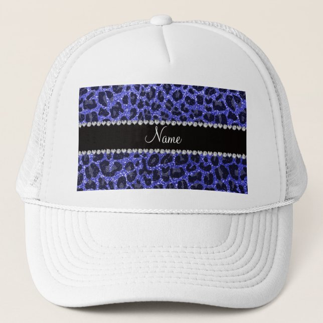 Custom name neon blue glitter leopard print trucker hat (Front)