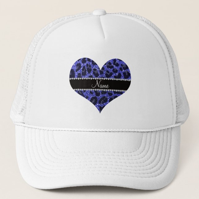 Custom name neon blue glitter leopard print trucker hat (Front)