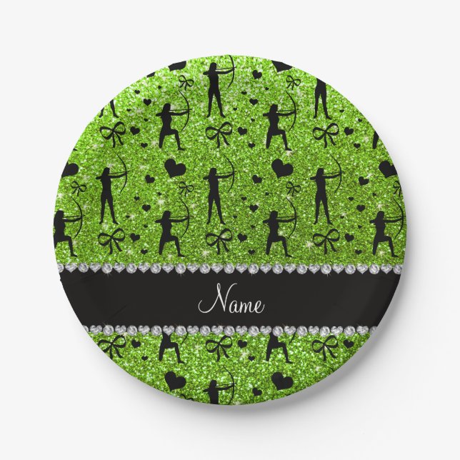 Custom name neon green glitter archery paper plate (Front)