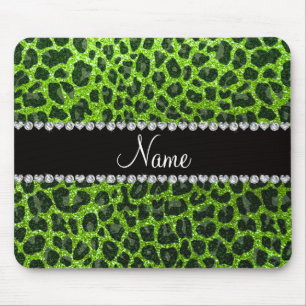 Custom name neon green glitter leopard print mouse pad