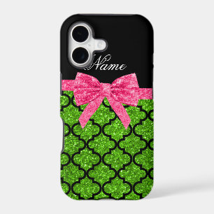 Custom name neon green glitter moroccan pink bow