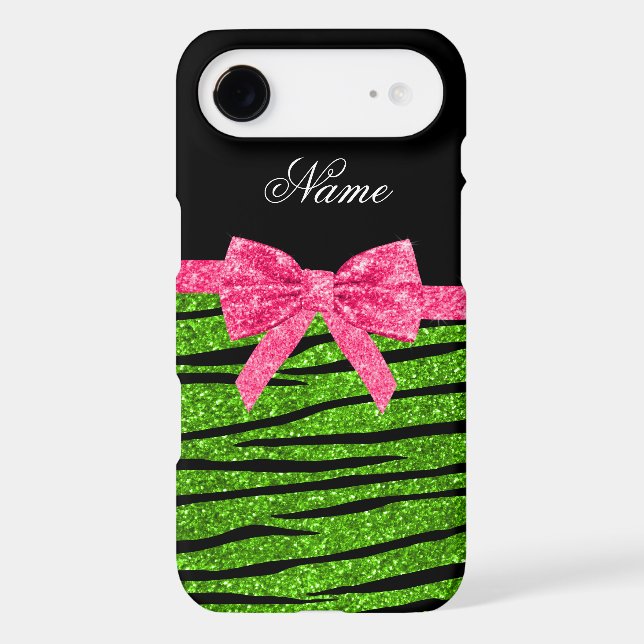 Custom name neon green glitter zebra stripes bow Case-Mate iPhone case (Back)