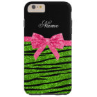 Custom name neon green glitter zebra stripes bow