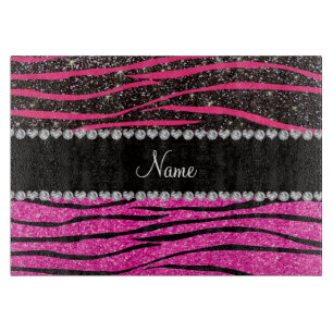 Custom name neon hot pink and black zebra stripes cutting board
